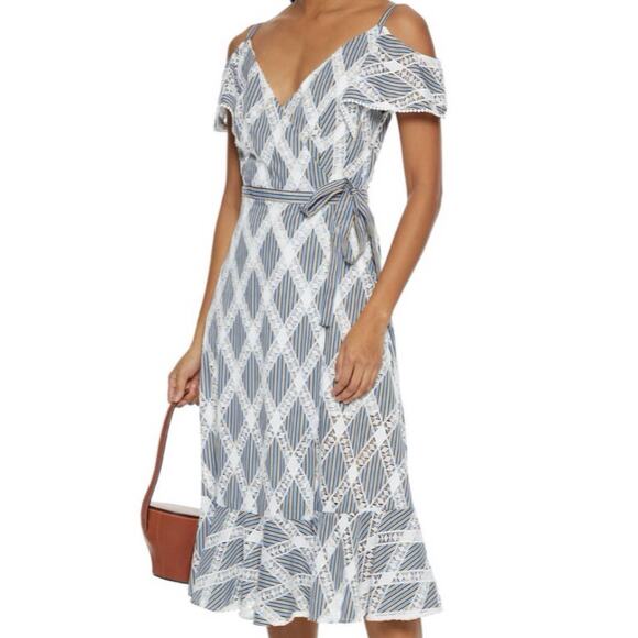 Sandro Womens US 4 Illa Midi Dress Striped Lace Cold Ruffle Shoulder Blue White - Picture 14 of 14